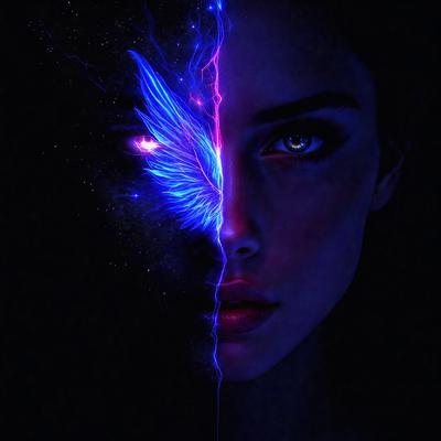 The primary subject of the image is a woman with blue eyes, who is looking directly at the camera. The setting is a dark room, and the visual style is a digital art or illustration. The woman's eyes are the dominant colors, and the overall atmosphere is mysterious and captivating.